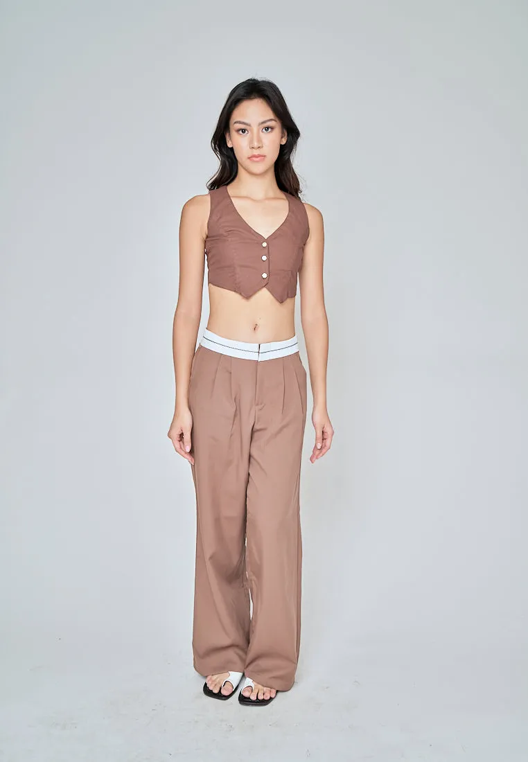 Jiji Brown Linen V Neck Collared Button Sleeveless Open Back Top