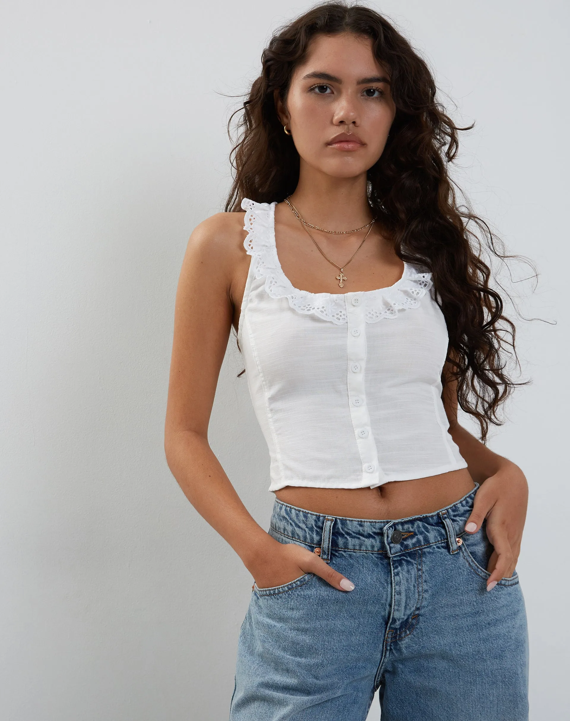 Junko Frill Detail Button Through Top in White