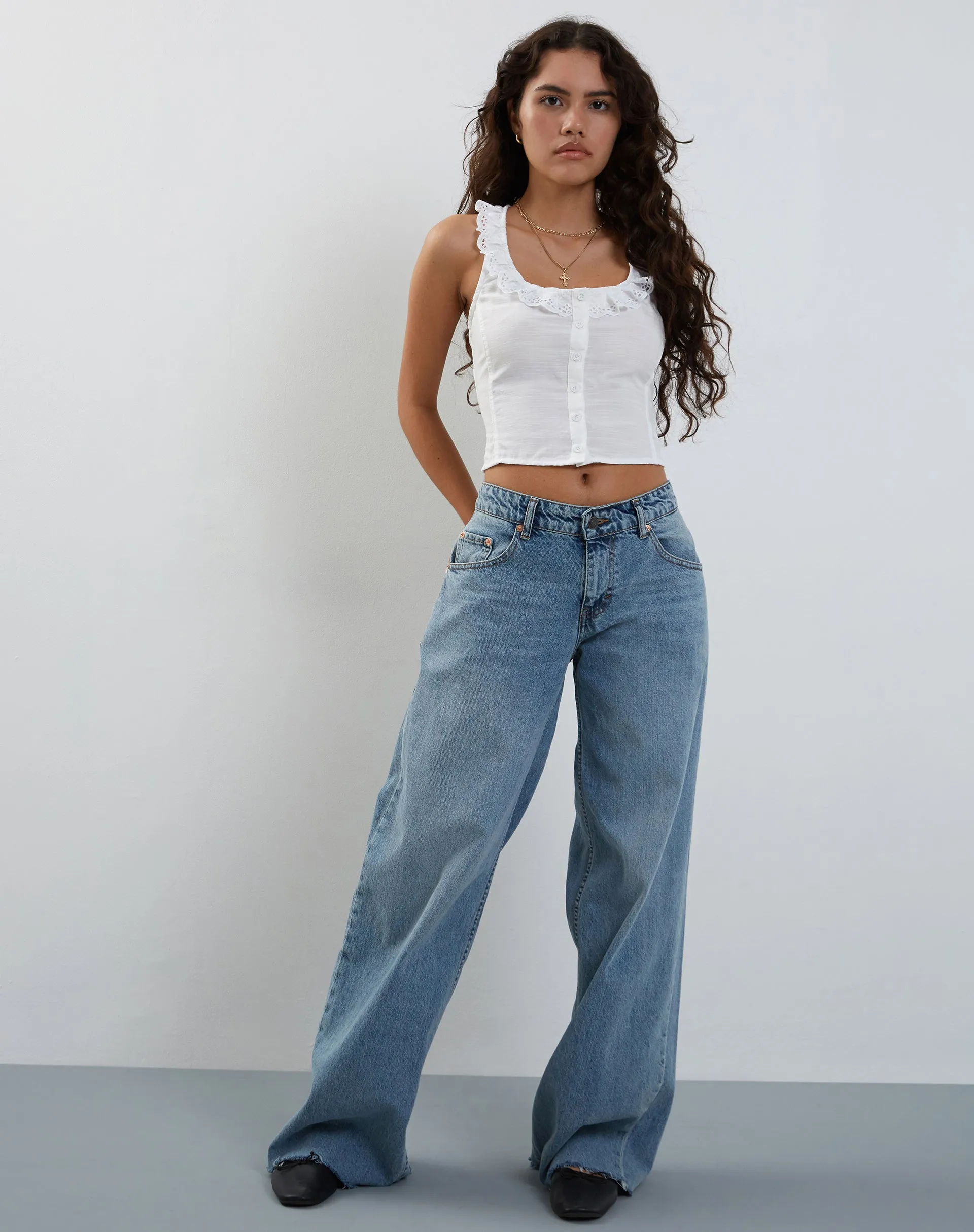 Junko Frill Detail Button Through Top in White