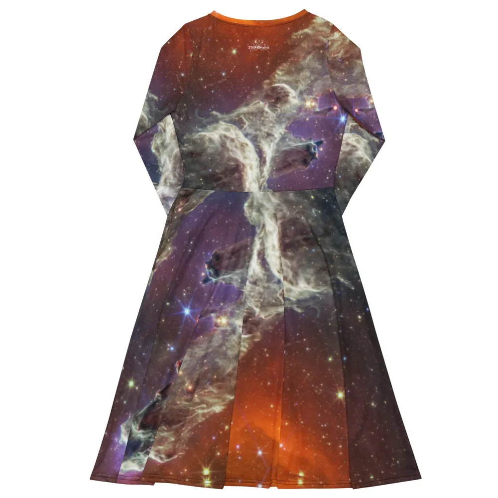 JWST Multicolor Pillars of Creation Long Sleeve Midi Dress with Pockets