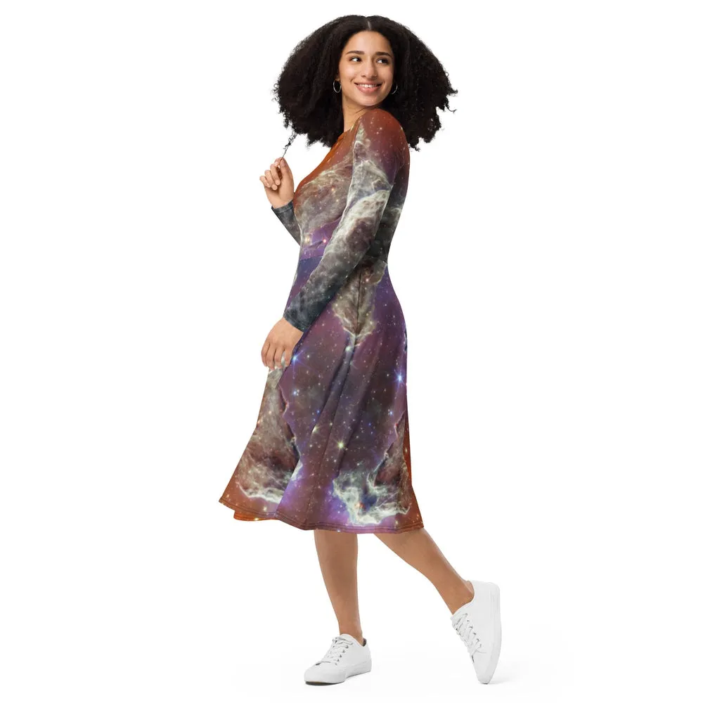 JWST Multicolor Pillars of Creation Long Sleeve Midi Dress with Pockets