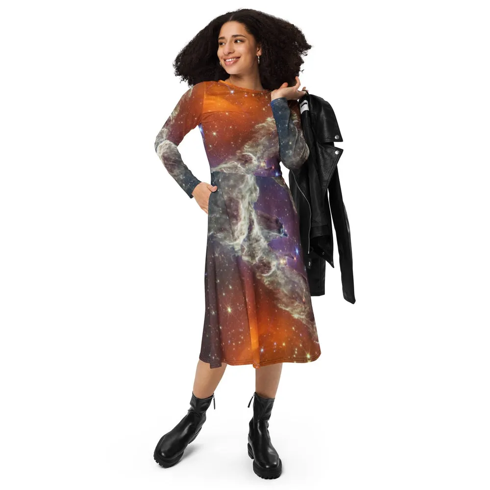 JWST Multicolor Pillars of Creation Long Sleeve Midi Dress with Pockets