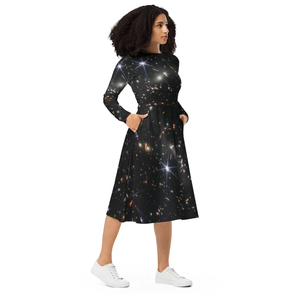 JWST SMACS 0723 Galaxy Cluster Deep Field Long-Sleeve Midi Dress with Pockets