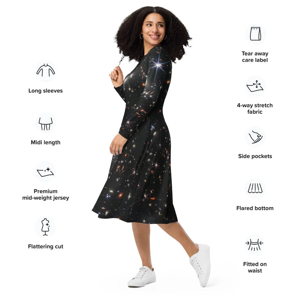JWST SMACS 0723 Galaxy Cluster Deep Field Long-Sleeve Midi Dress with Pockets