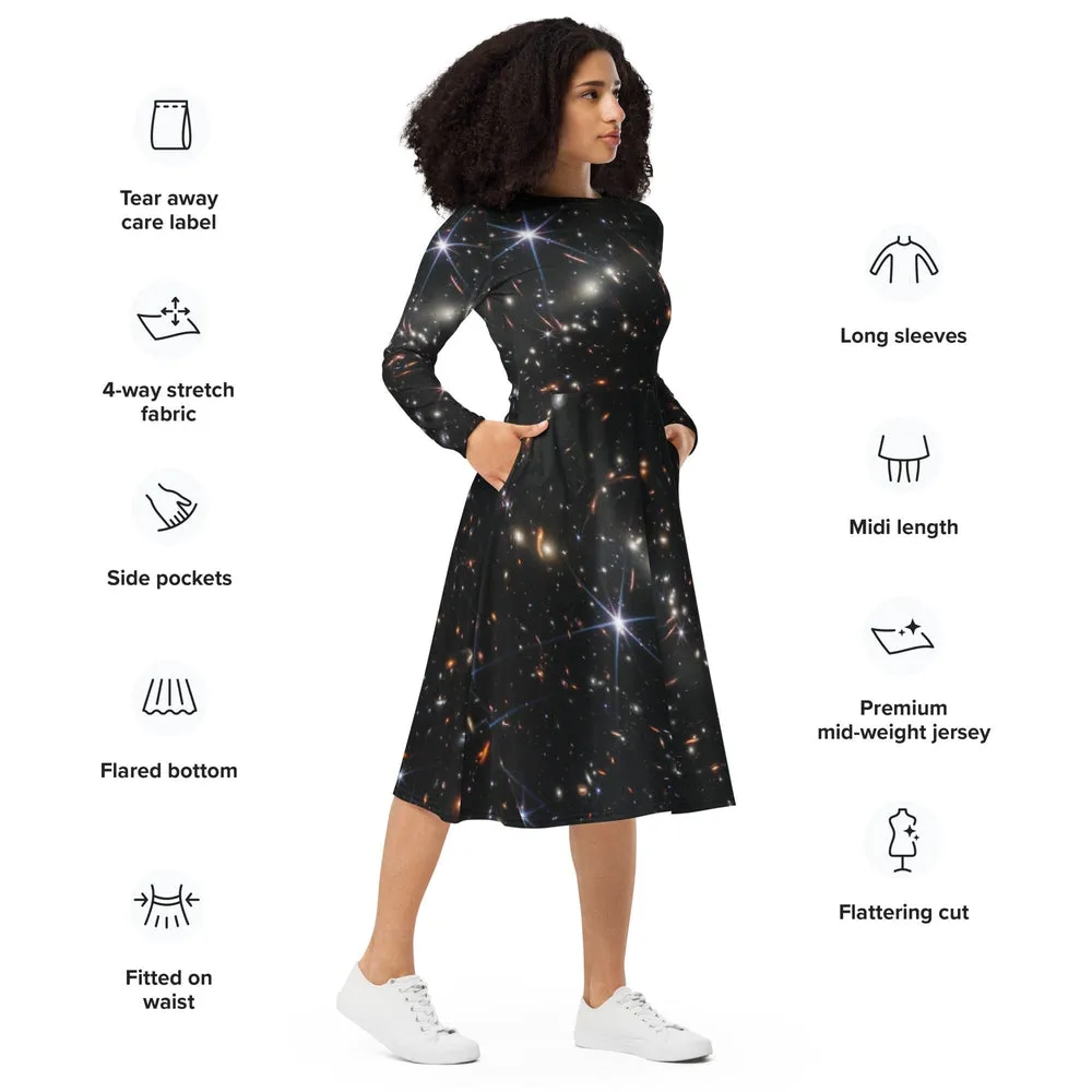 JWST SMACS 0723 Galaxy Cluster Deep Field Long-Sleeve Midi Dress with Pockets