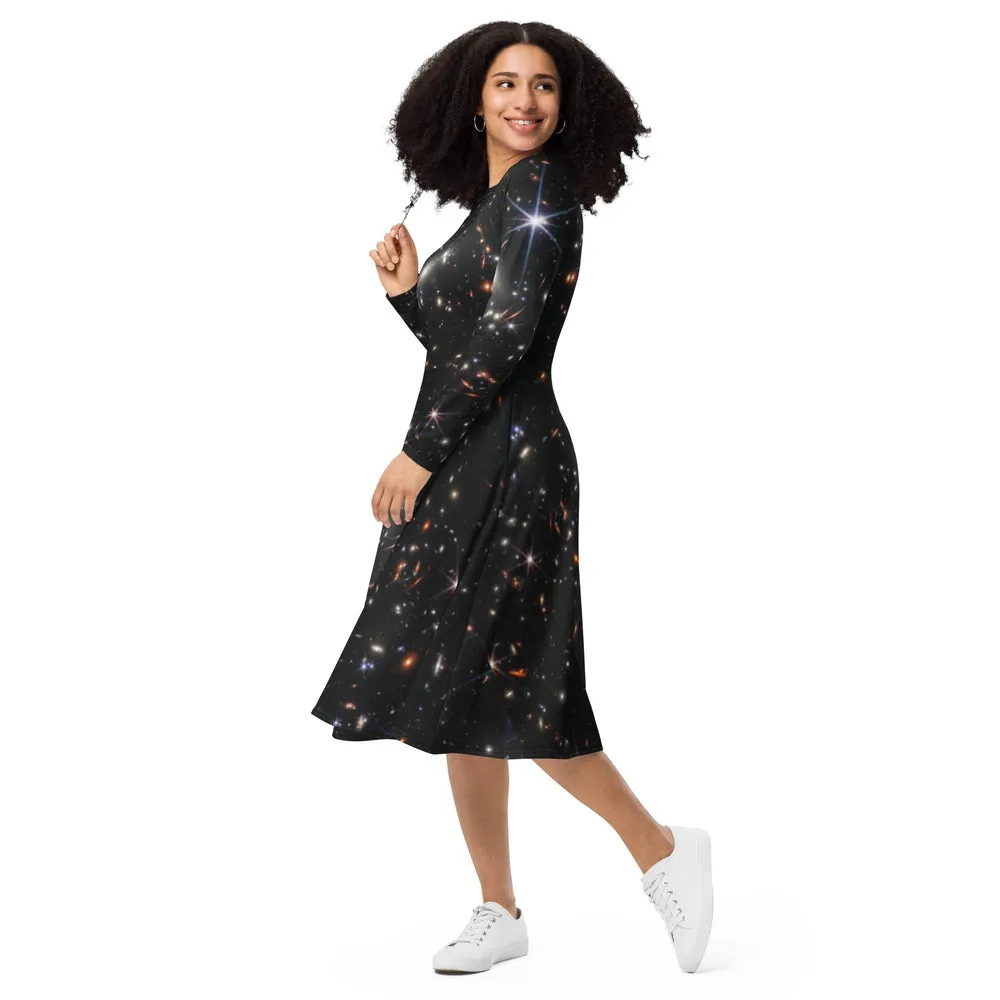 JWST SMACS 0723 Galaxy Cluster Deep Field Long-Sleeve Midi Dress with Pockets