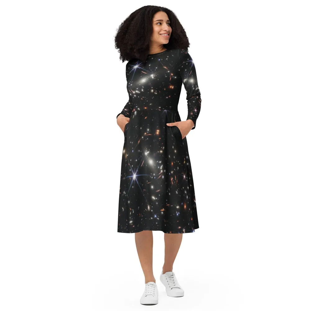 JWST SMACS 0723 Galaxy Cluster Deep Field Long-Sleeve Midi Dress with Pockets