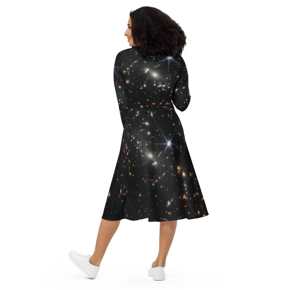 JWST SMACS 0723 Galaxy Cluster Deep Field Long-Sleeve Midi Dress with Pockets