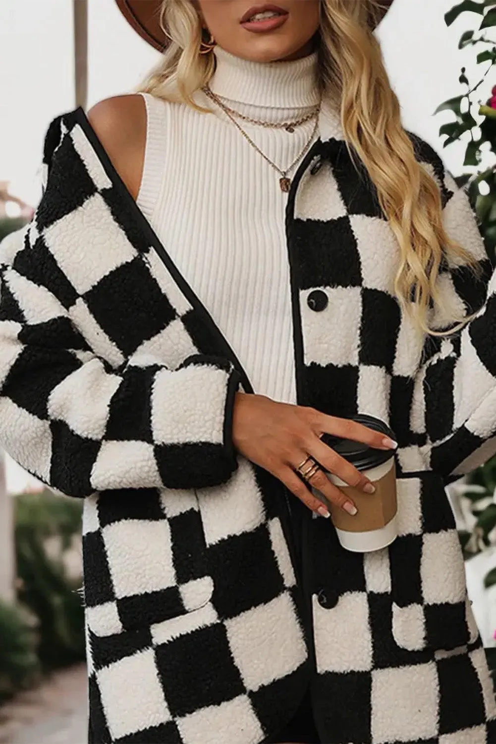 KaleaBoutique Checkered Side Pockets Collared Buttoned Fleece Jacket
