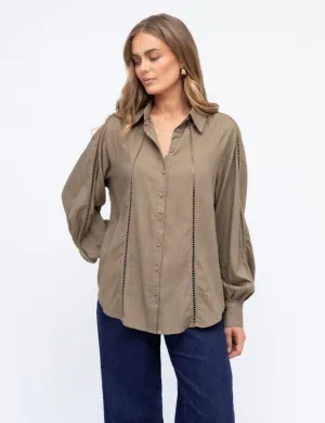 Lace Trim Blouse In Khaki