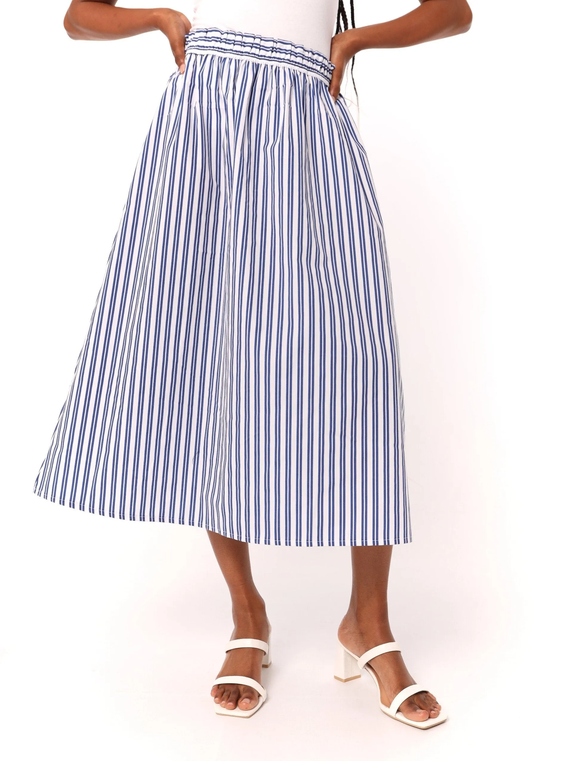 Ladies Flared Stripe Midi Skirt - Blue