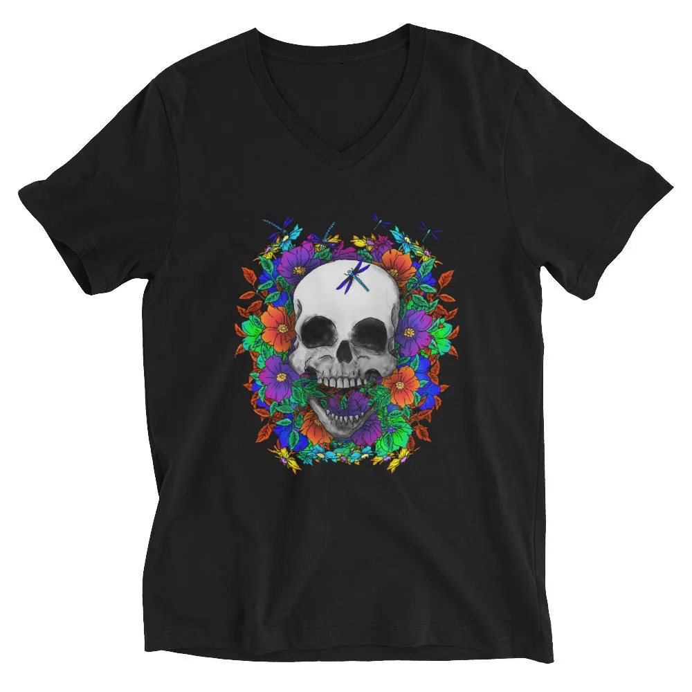 Ladies Skull Dragonfly Short Sleeve V-Neck T-Shirt