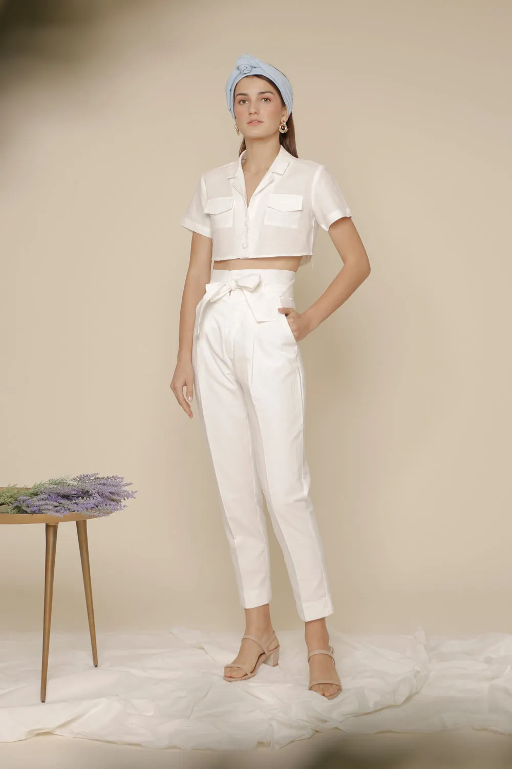 MATEO TOP Collared Crop Blouse with Pockets and Covered Buttons (White Linen)
