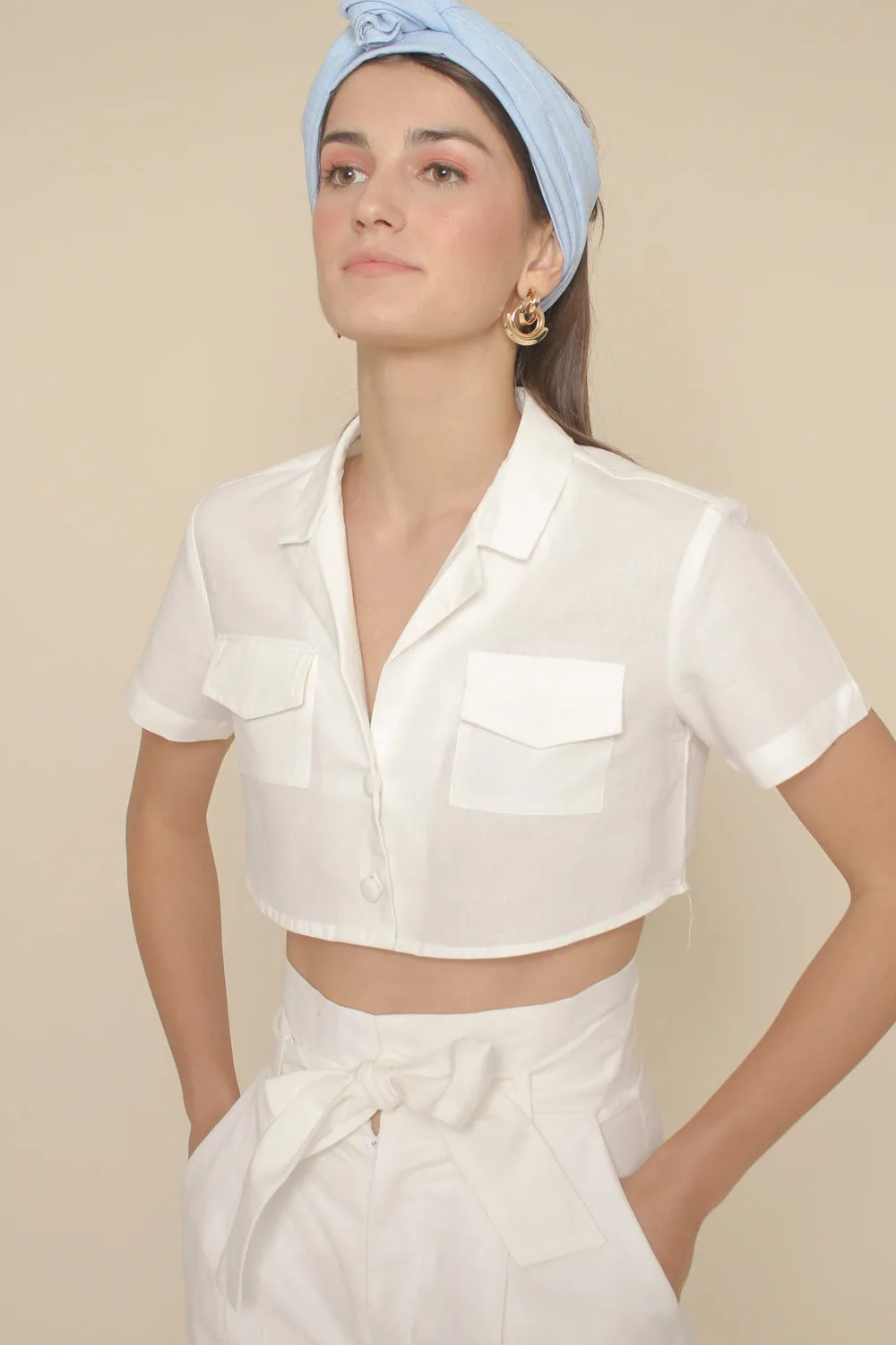 MATEO TOP Collared Crop Blouse with Pockets and Covered Buttons (White Linen)