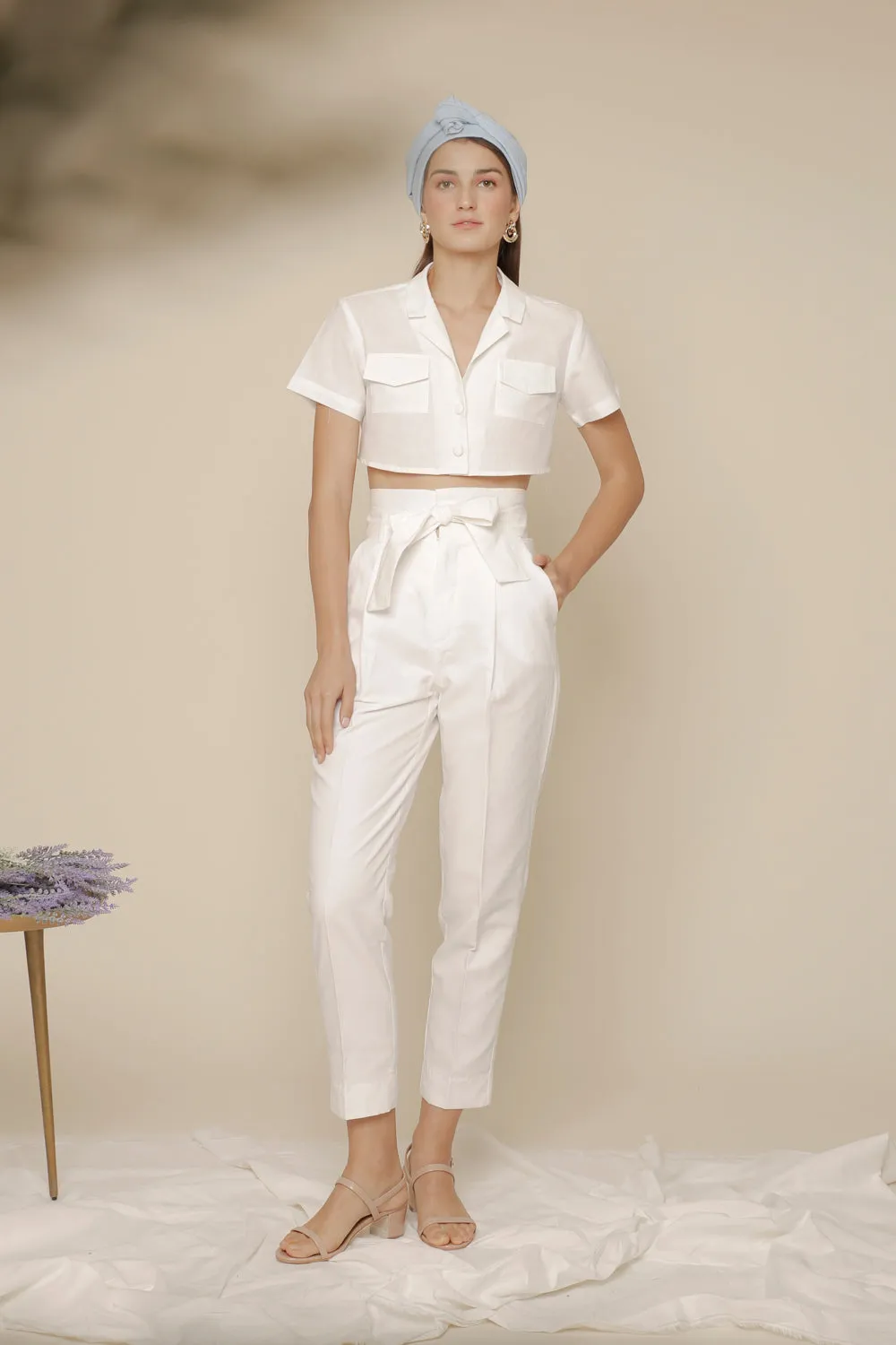 MATEO TOP Collared Crop Blouse with Pockets and Covered Buttons (White Linen)