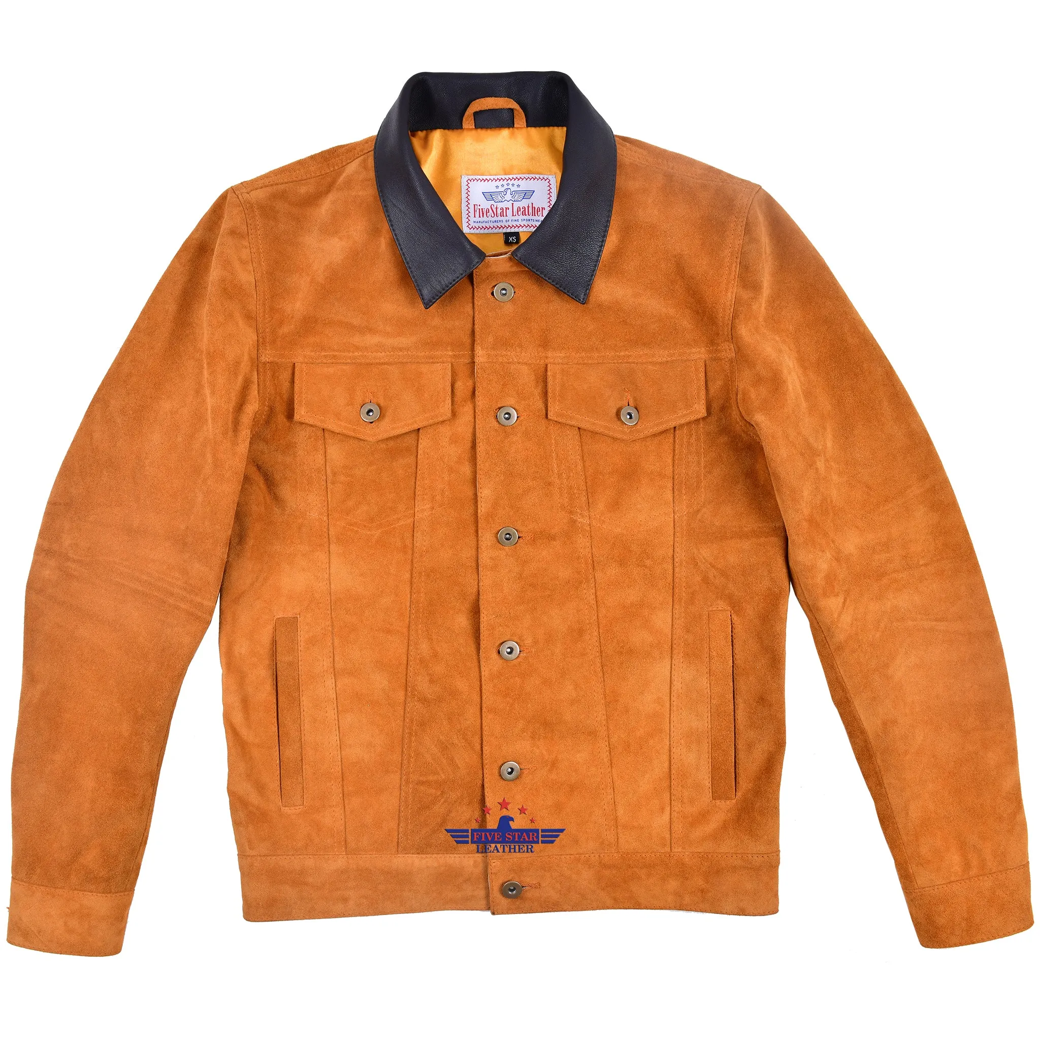 Men TRUCKER Tan Suede Classic Western Denim Style Leather Jacket Brown Collar