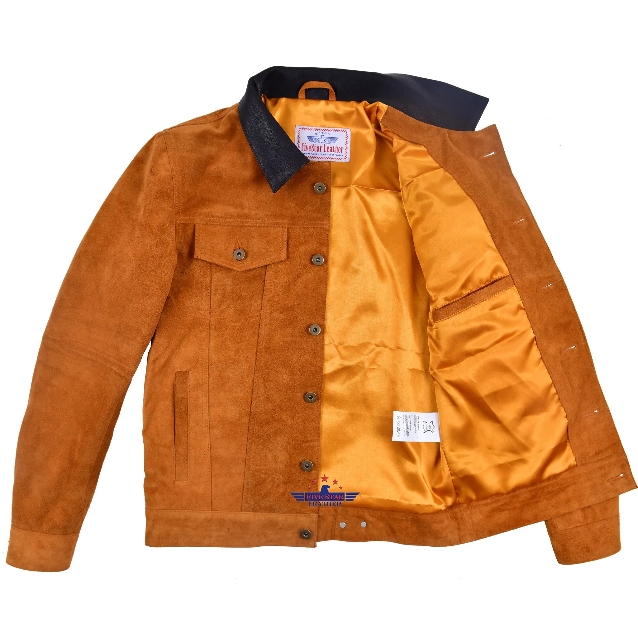 Men TRUCKER Tan Suede Classic Western Denim Style Leather Jacket Brown Collar