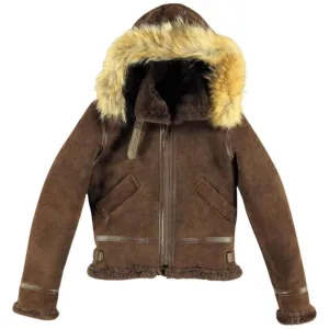 Men's Brown Shearling Aviator Jacket with Fur Hood
