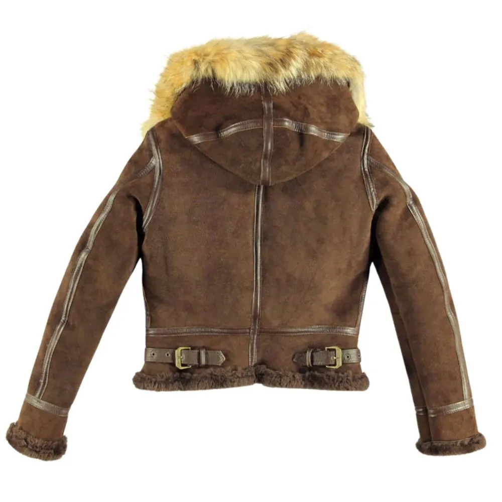 Men's Brown Shearling Aviator Jacket with Fur Hood