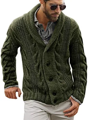 Men's Cable Knit Cardigan in Army Green