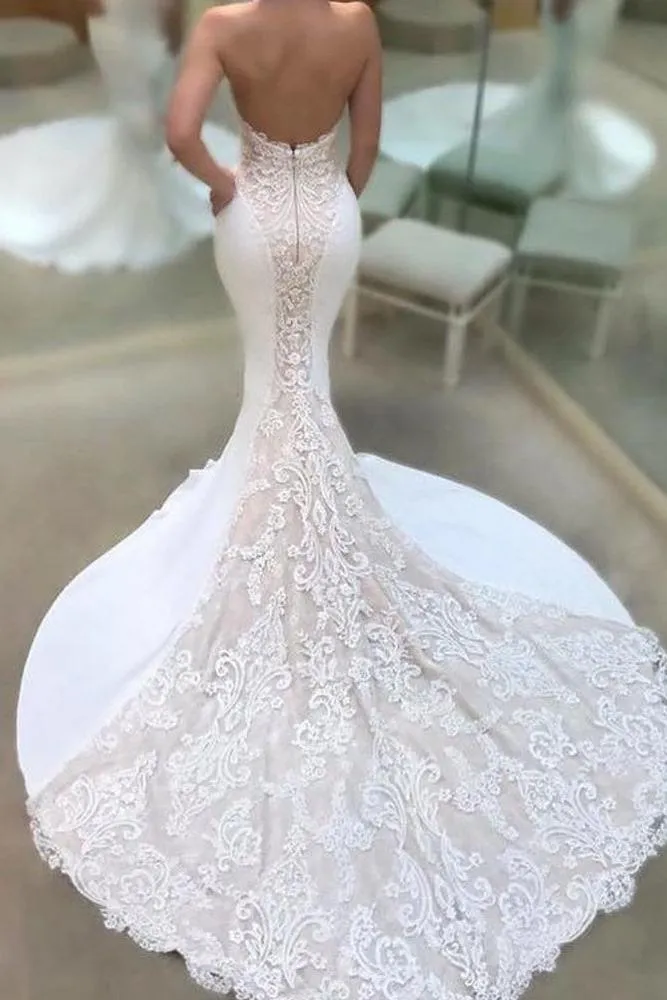 Modern Strapless Lace Wedding Dresses Online Classic Mermaid Open Back Bridal Gowns