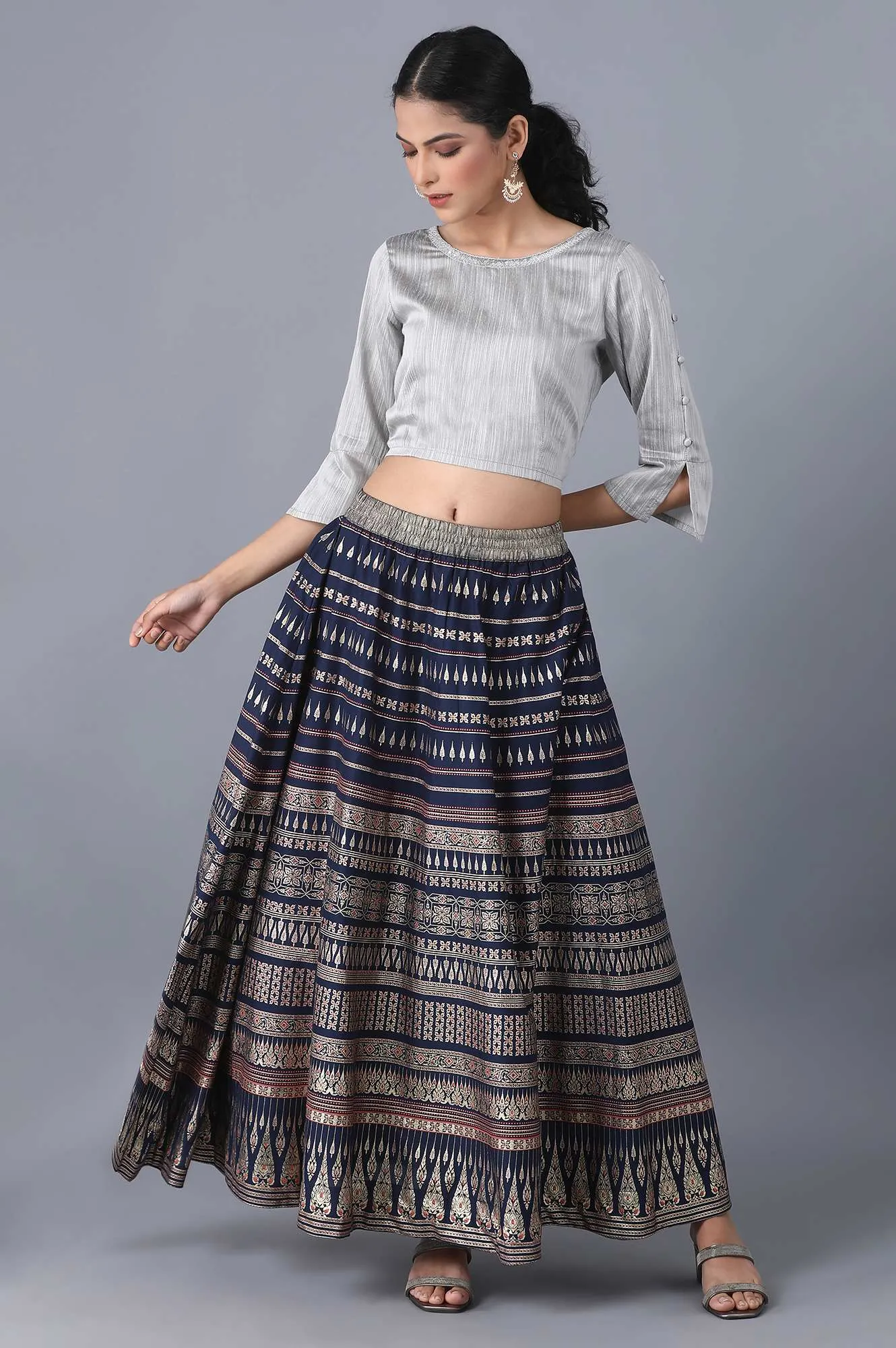 Navy Floral Print Flared Skirt