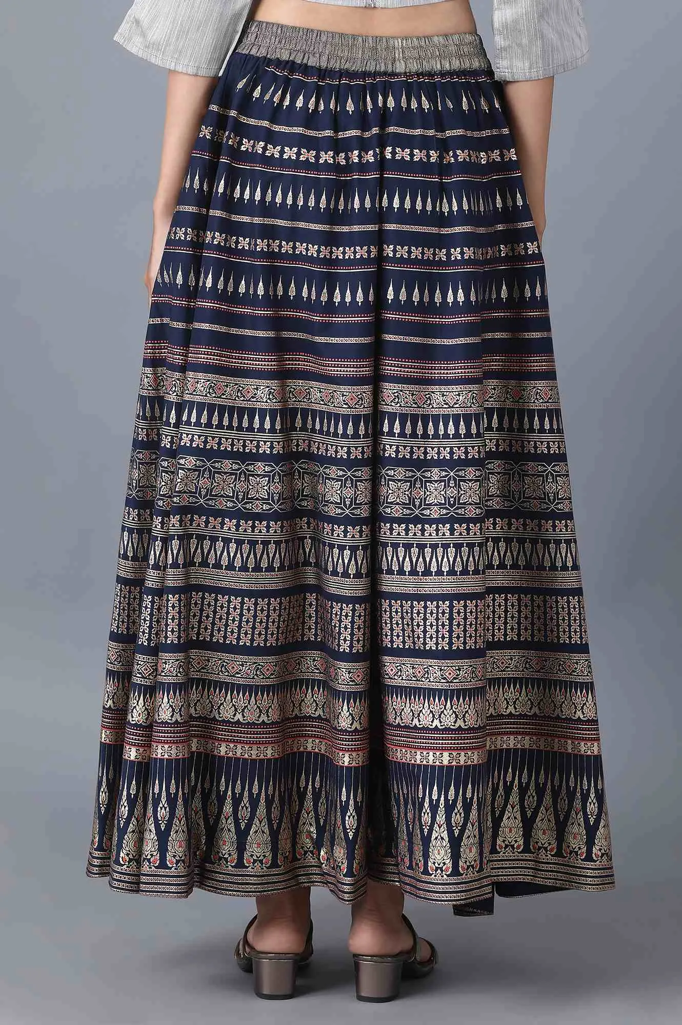 Navy Floral Print Flared Skirt