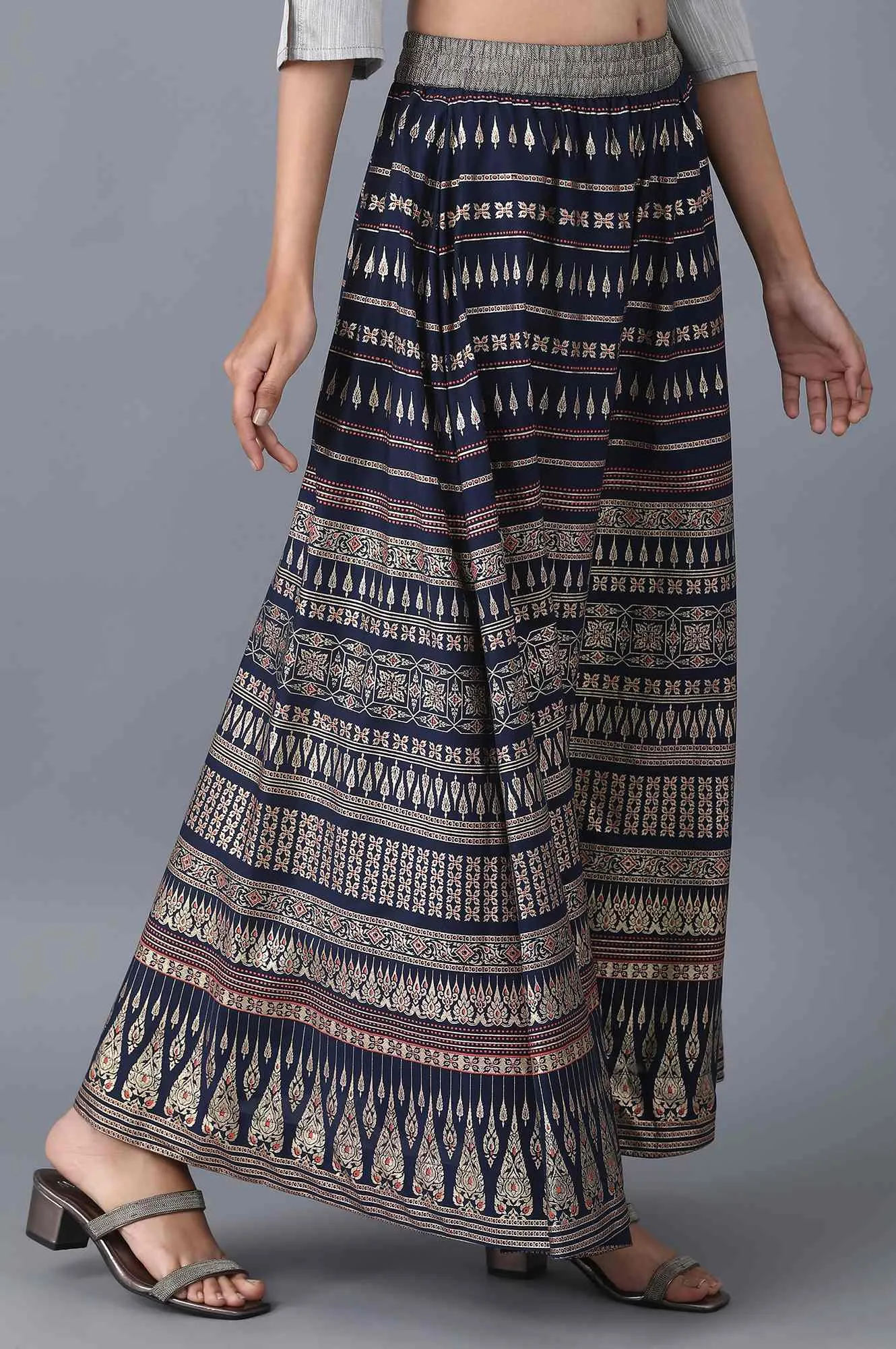 Navy Floral Print Flared Skirt