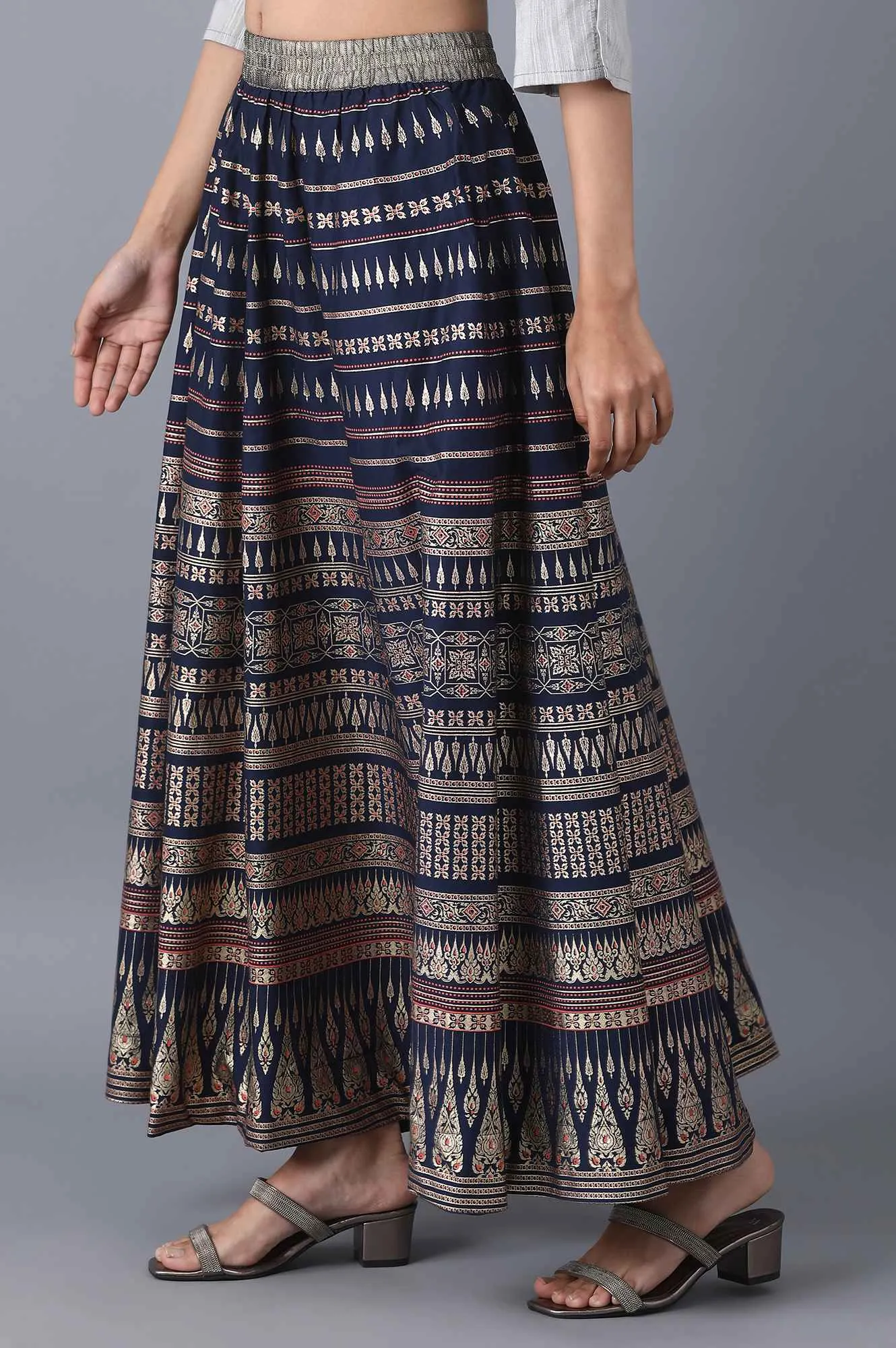 Navy Floral Print Flared Skirt