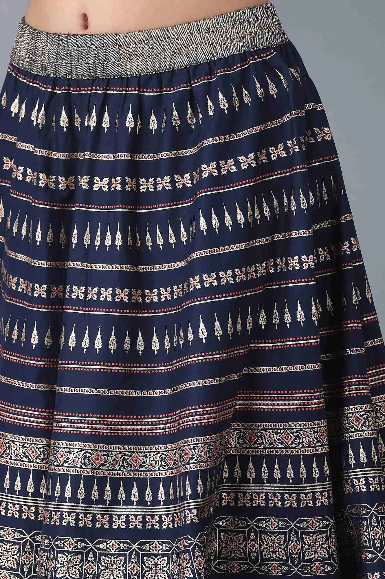 Navy Floral Print Flared Skirt