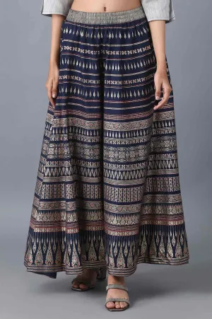 Navy Floral Print Flared Skirt