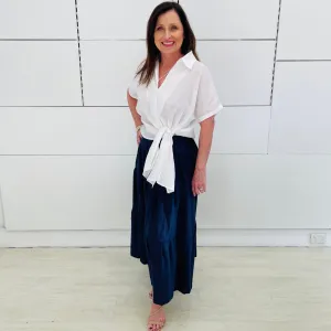 Navy Linen Tiered Skirt