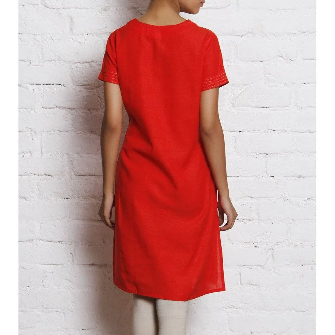 Orange Embroidered Linen Kurti