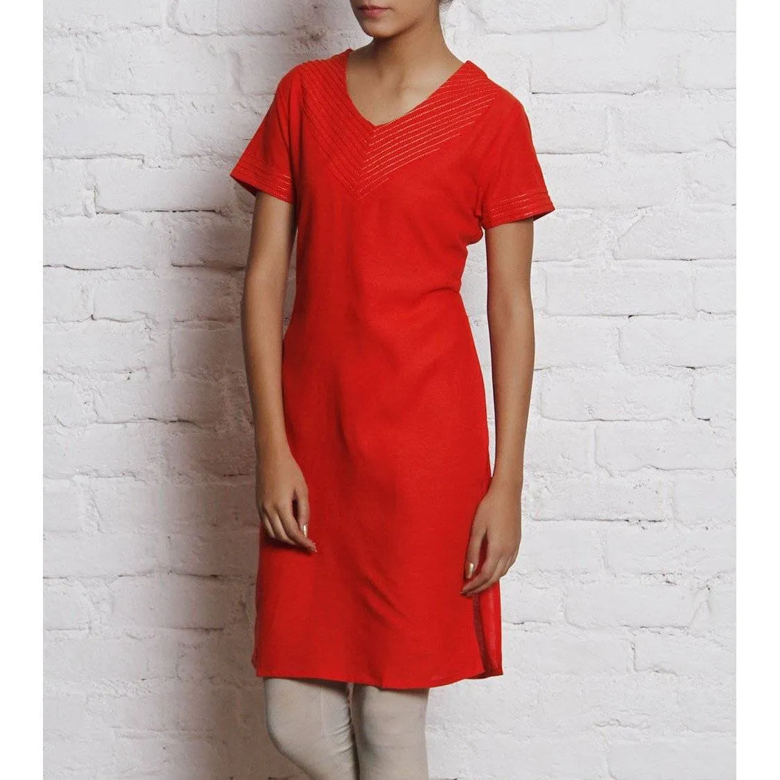 Orange Embroidered Linen Kurti
