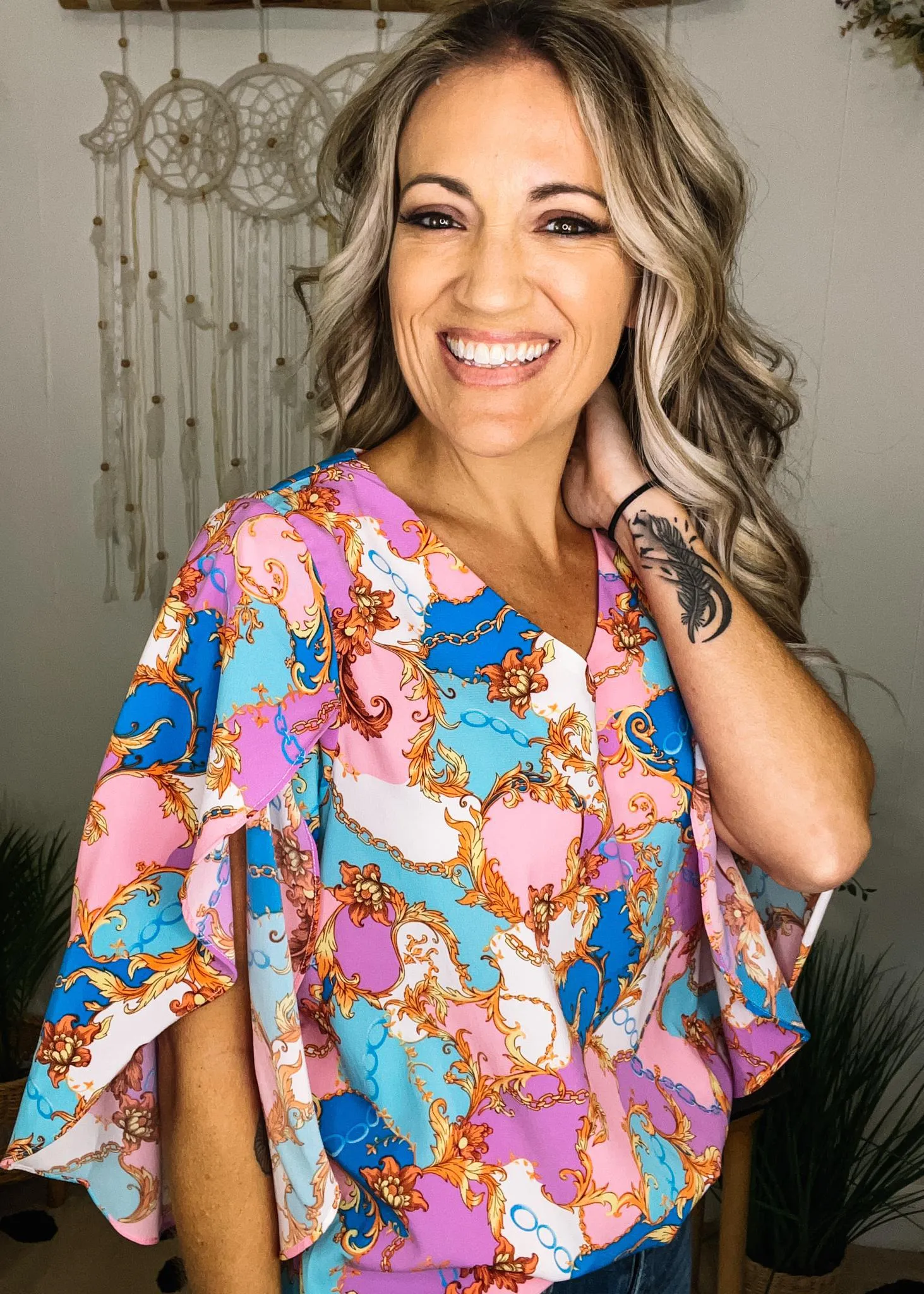 Ornate Print Blouse with Butterfly Sleeves