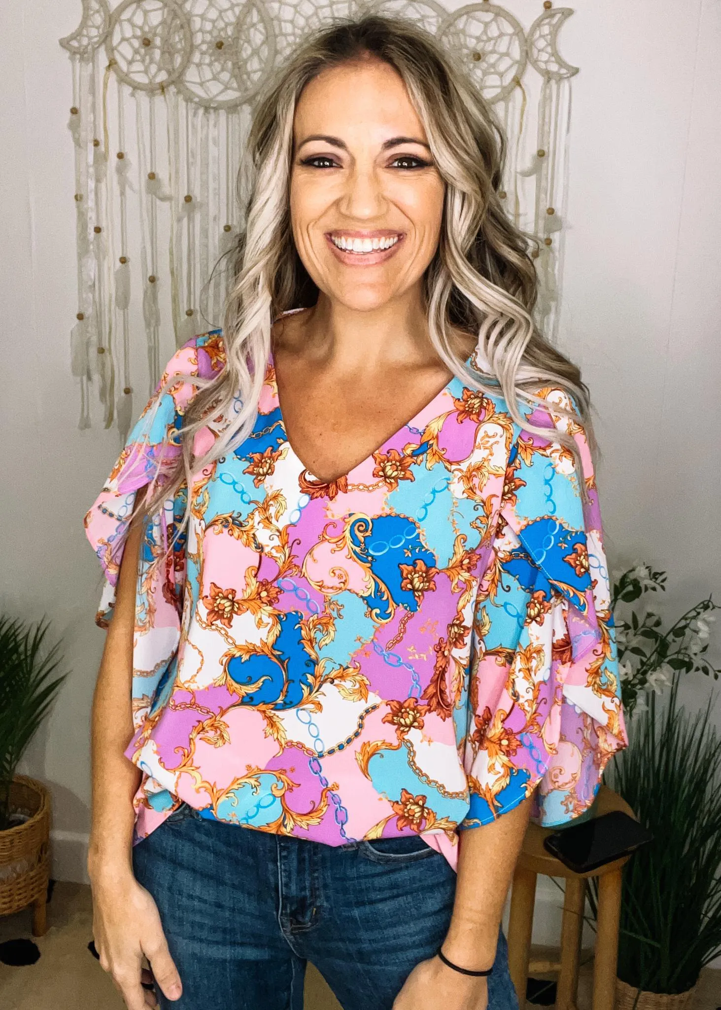 Ornate Print Blouse with Butterfly Sleeves