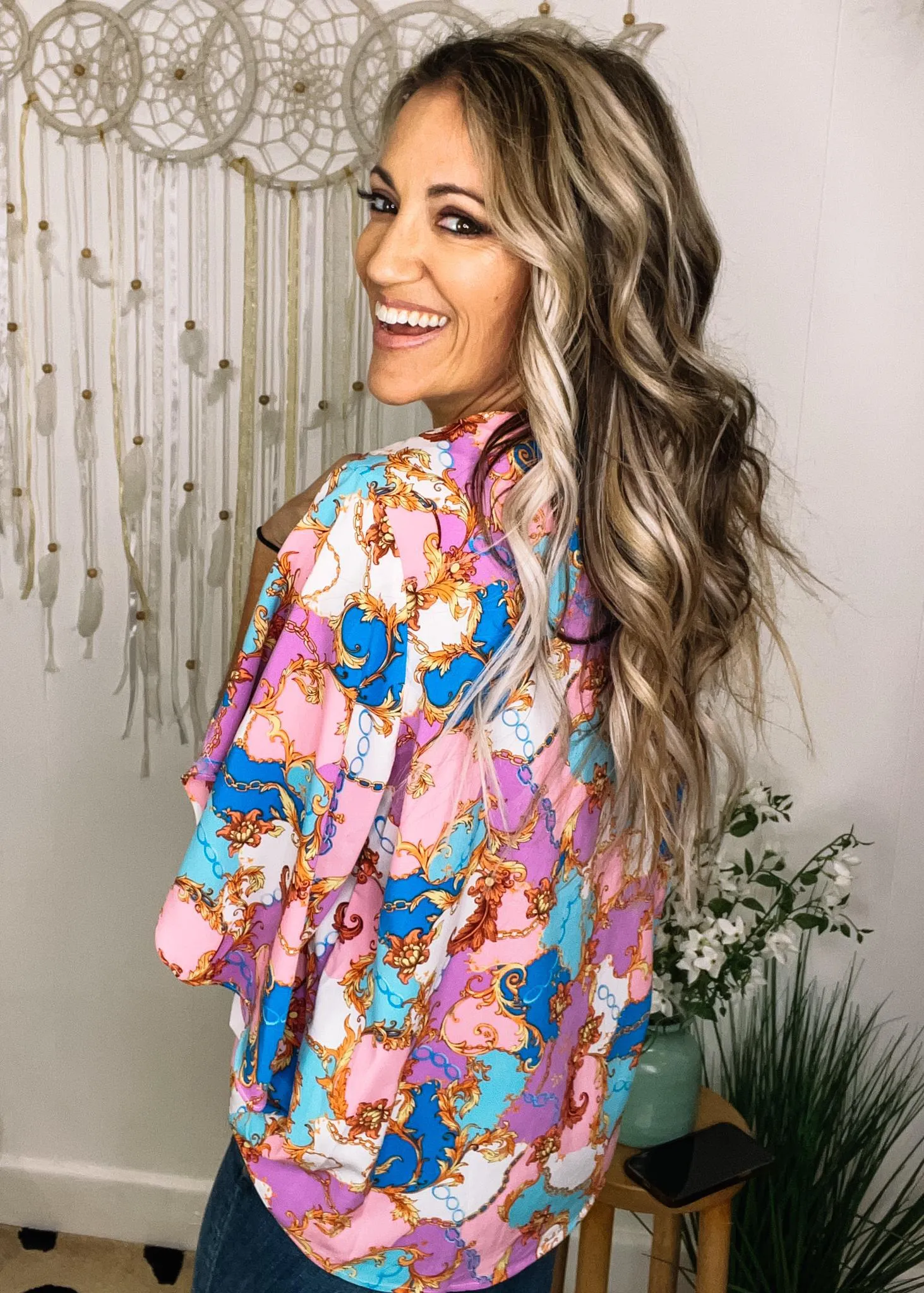 Ornate Print Blouse with Butterfly Sleeves