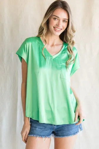 Pastel Green Satin V Neck Dolman with Pocket