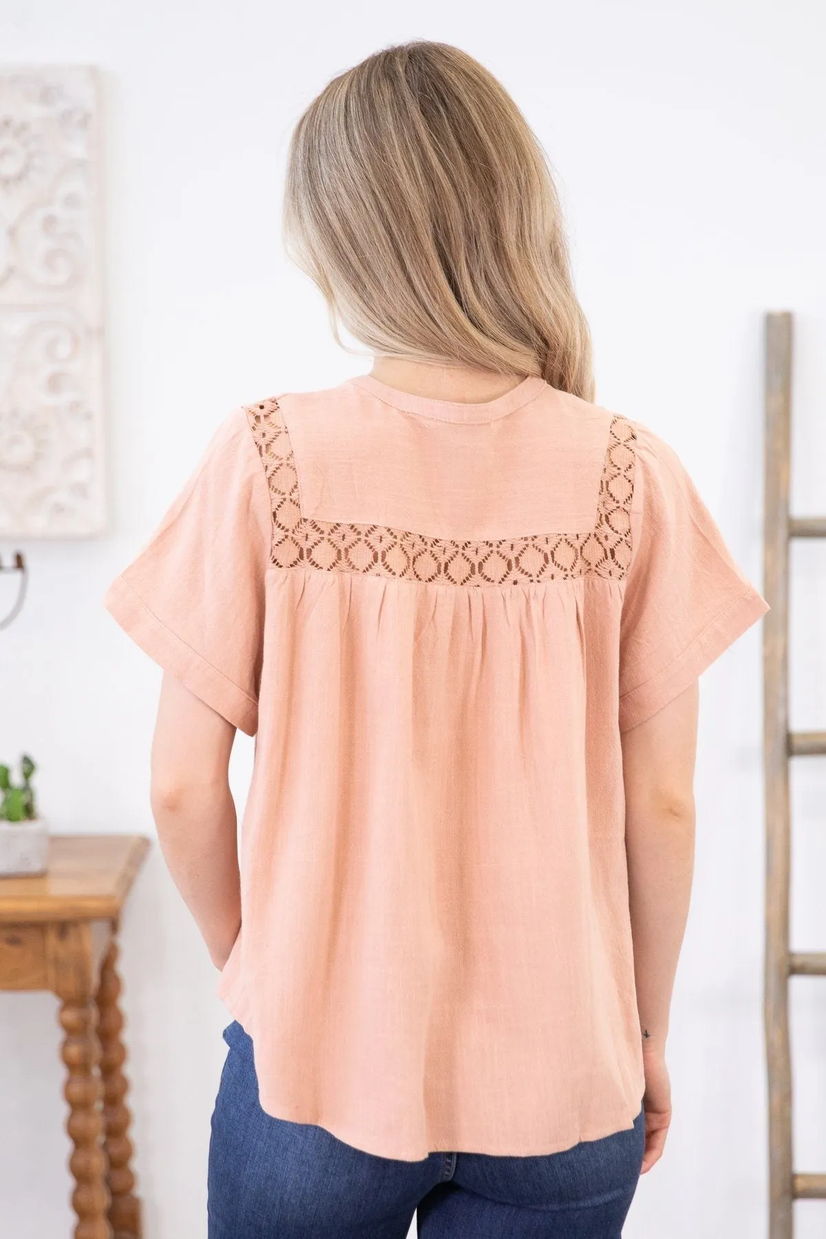 Peach Lace Trim Notch Neck Top
