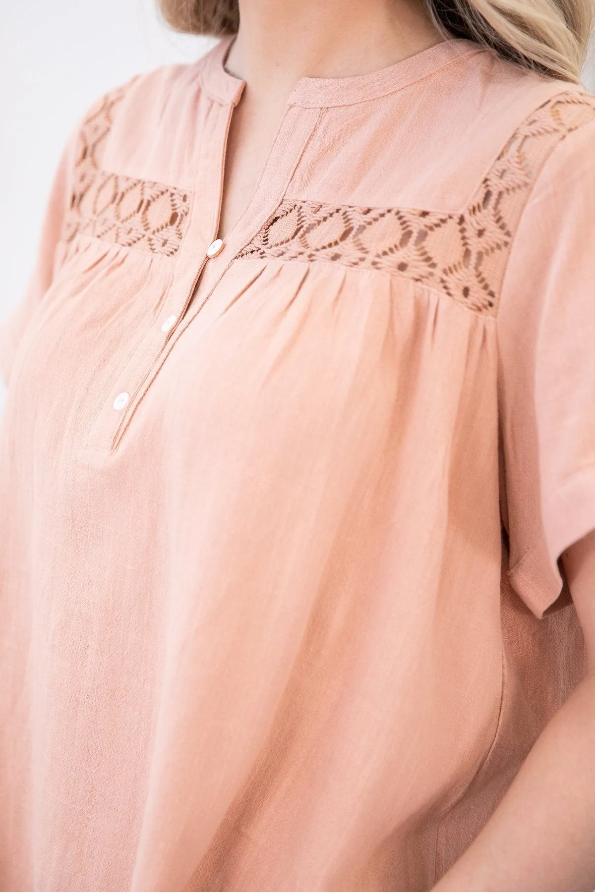 Peach Lace Trim Notch Neck Top