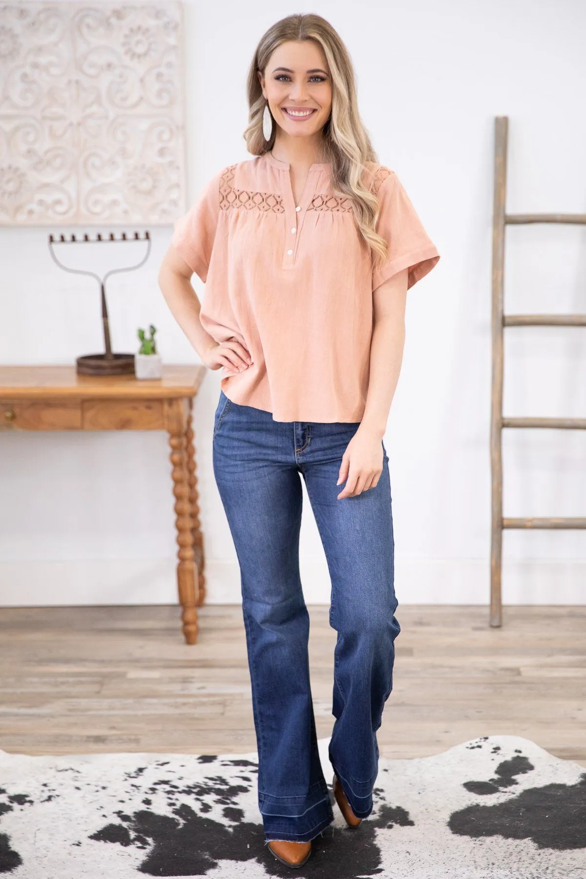 Peach Lace Trim Notch Neck Top