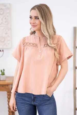 Peach Lace Trim Notch Neck Top