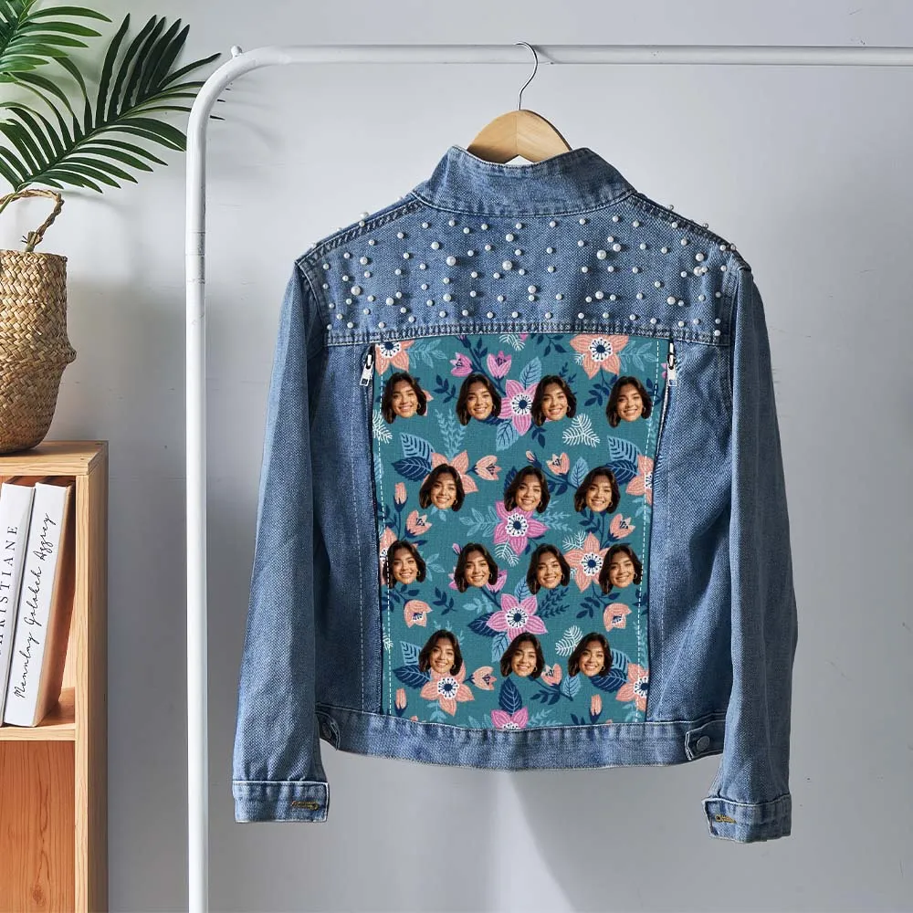 Personalized Funny Jean Jacket with Pearl Custom Face Hawaiian Style Denim Jacket Gift for Her
