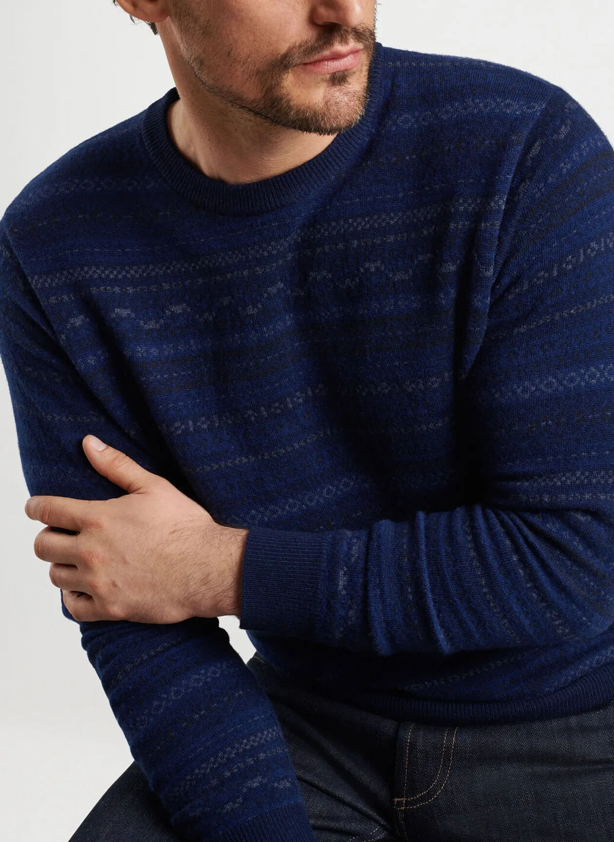 Peter Millar Mens Classic Fit Midnight Fairisle Crewneck Sweater - NAVY