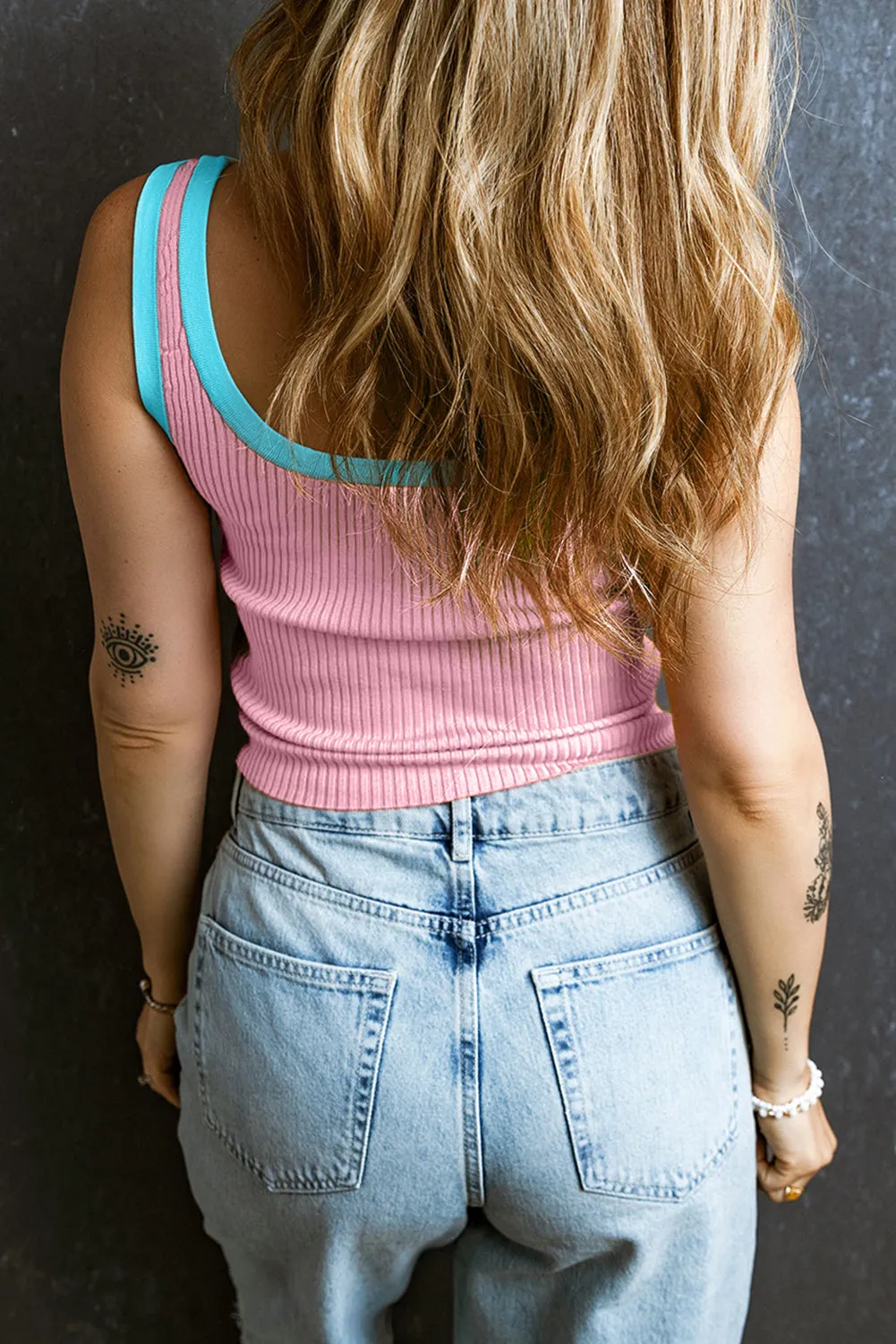 Pink Colorblock Edge Ribbed Knit U Neck Tank Top