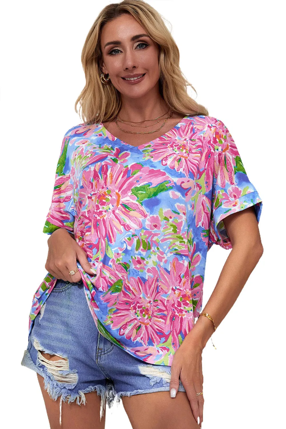 Pink Floral Print V Neck T Shirt
