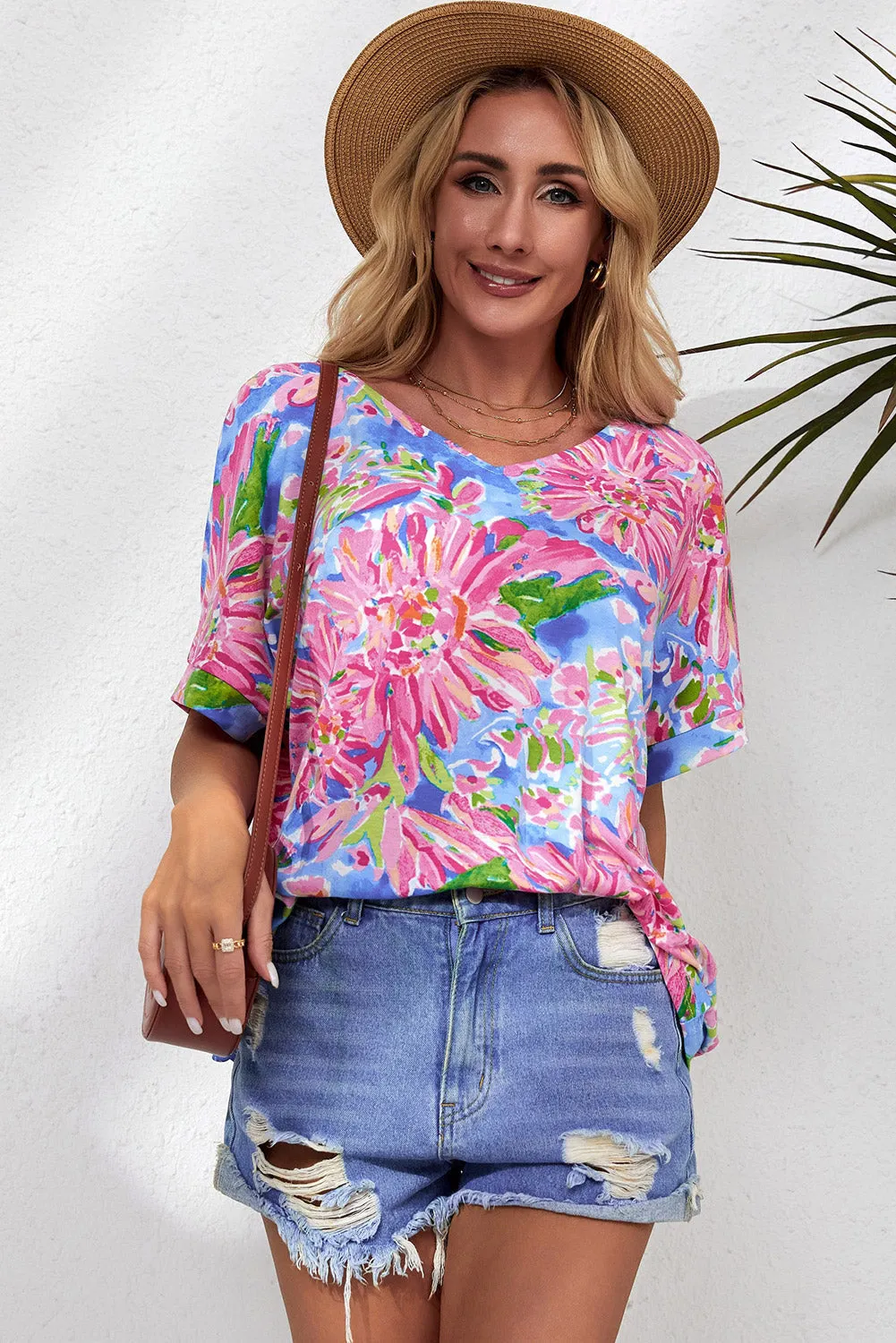 Pink Floral Print V Neck T Shirt
