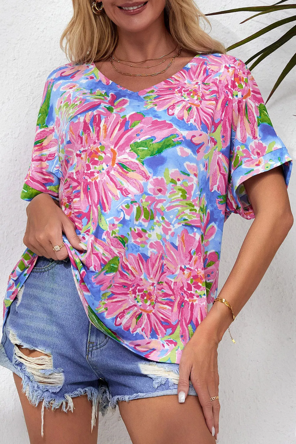 Pink Floral Print V Neck T Shirt