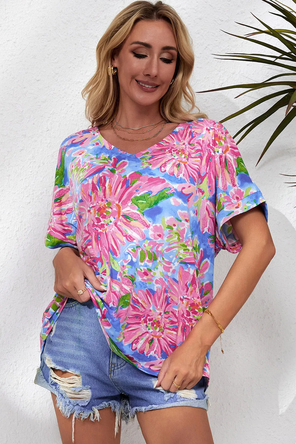 Pink Floral Print V Neck T Shirt