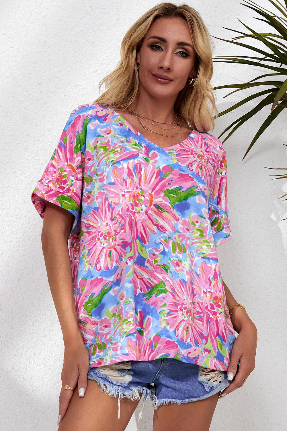 Pink Floral Print V Neck T Shirt